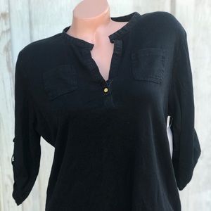 Ralph Lauren black shirt Henley gold button top cotton 3/4 sleeve pinup classy L